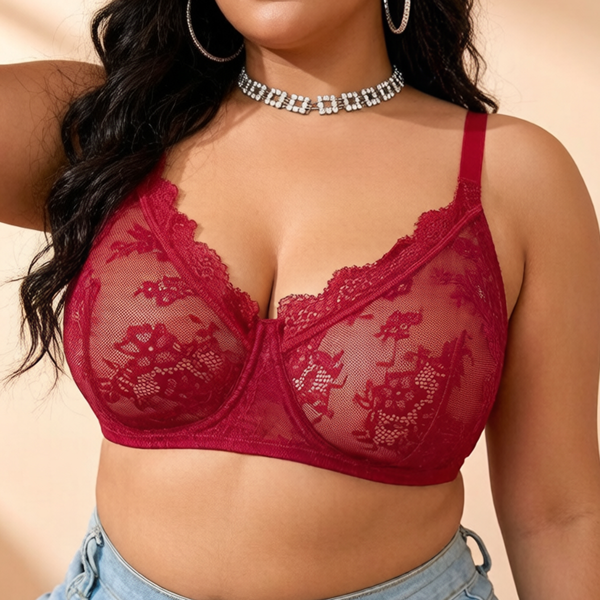 Women Plus Size Red Lace Sheer - Sheer Bra Lace recension och pris